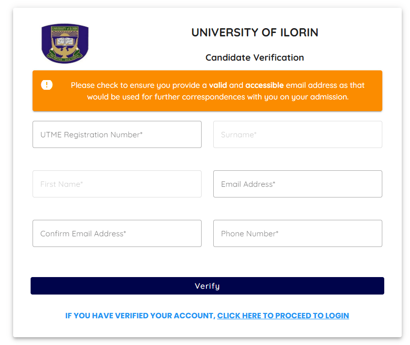UNILORIN Post-UTMEDE Registration  Cut-off mark and Eligibility signup/ verify detail